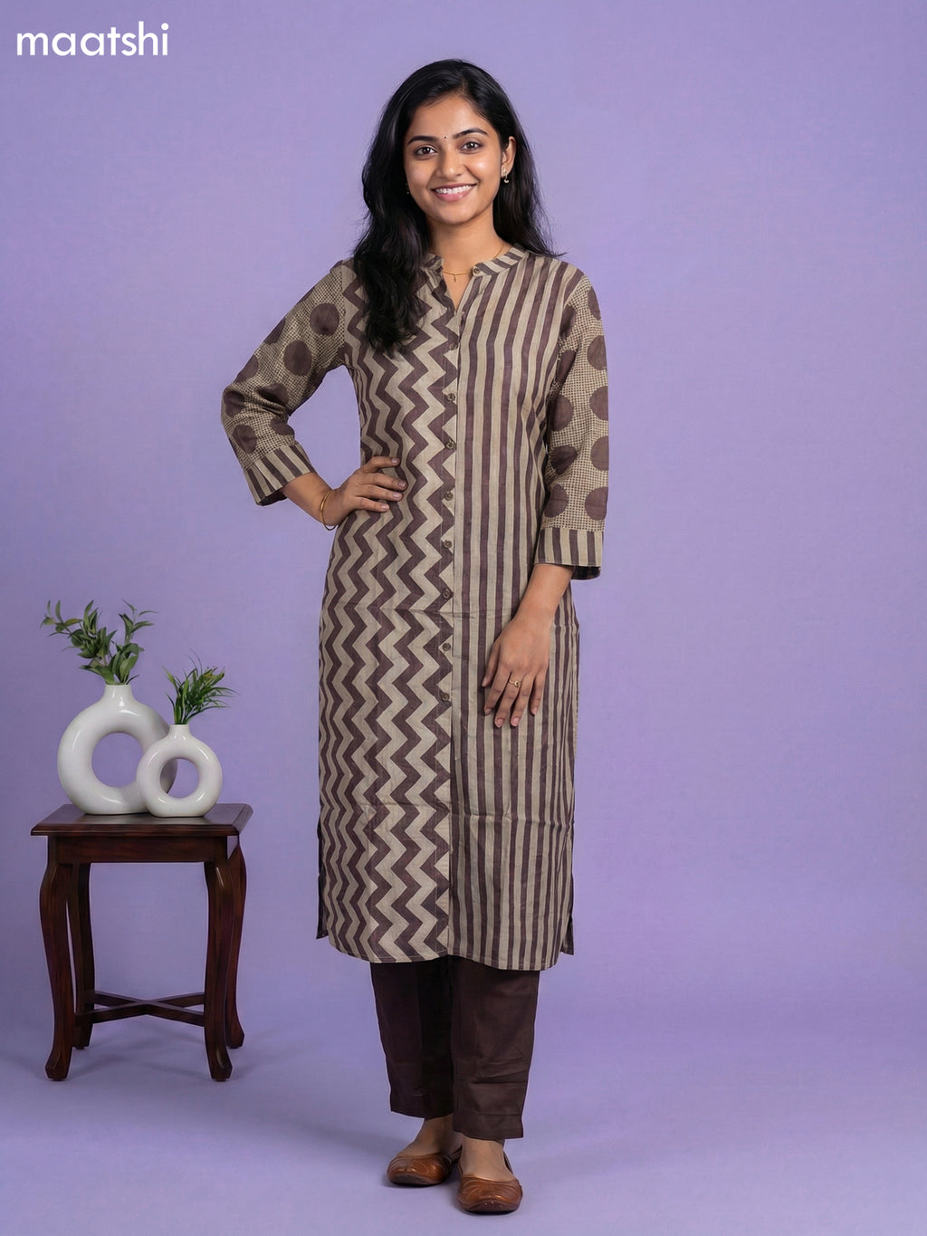 Beige and Brown Muslin Printed Kurti Set
