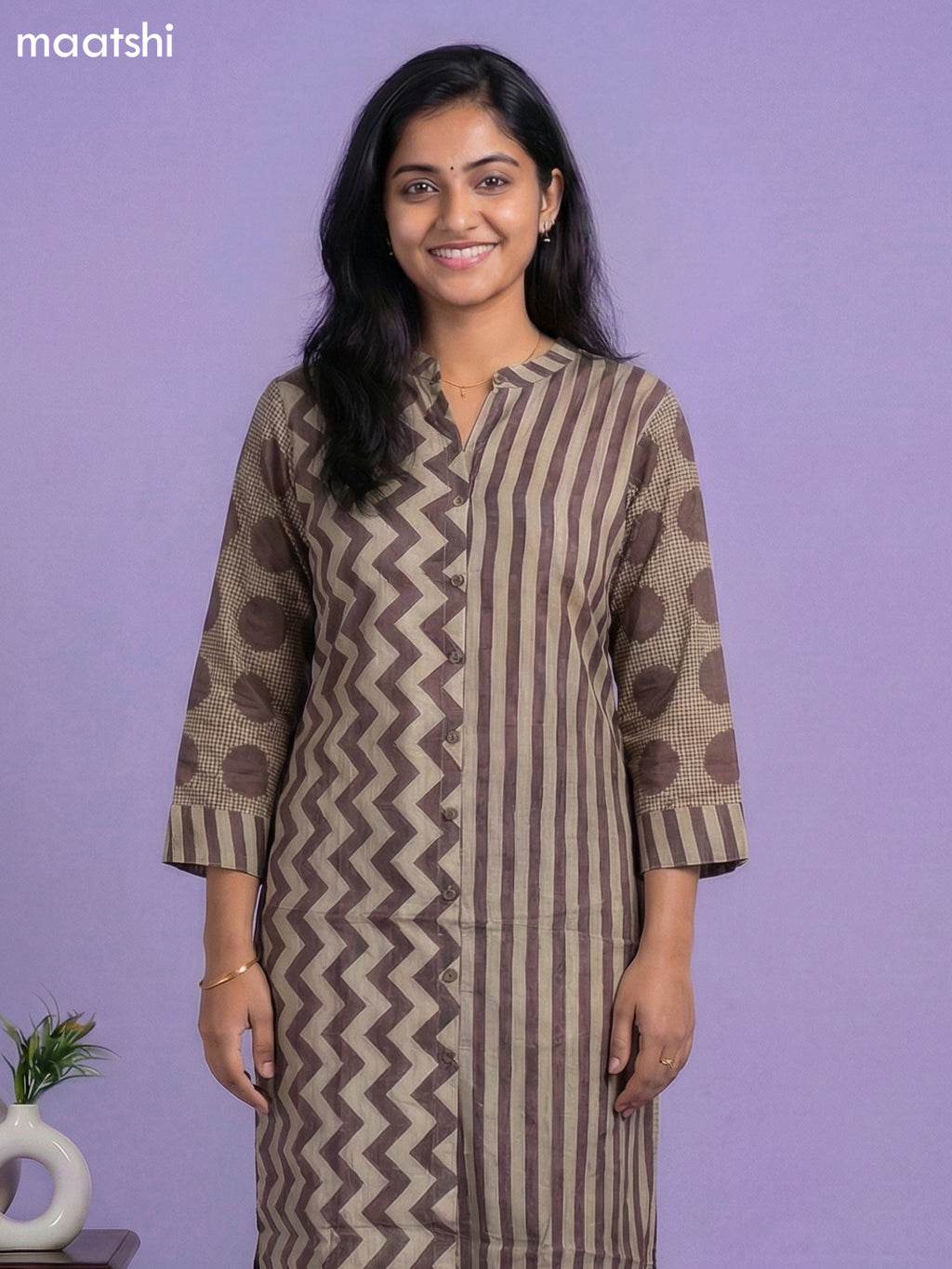 Beige and Brown Muslin Printed Kurti Set