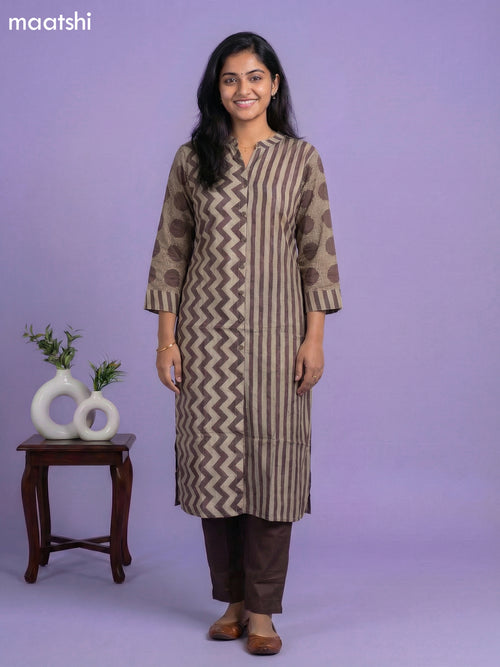 Beige and Brown Muslin Printed Kurti Set