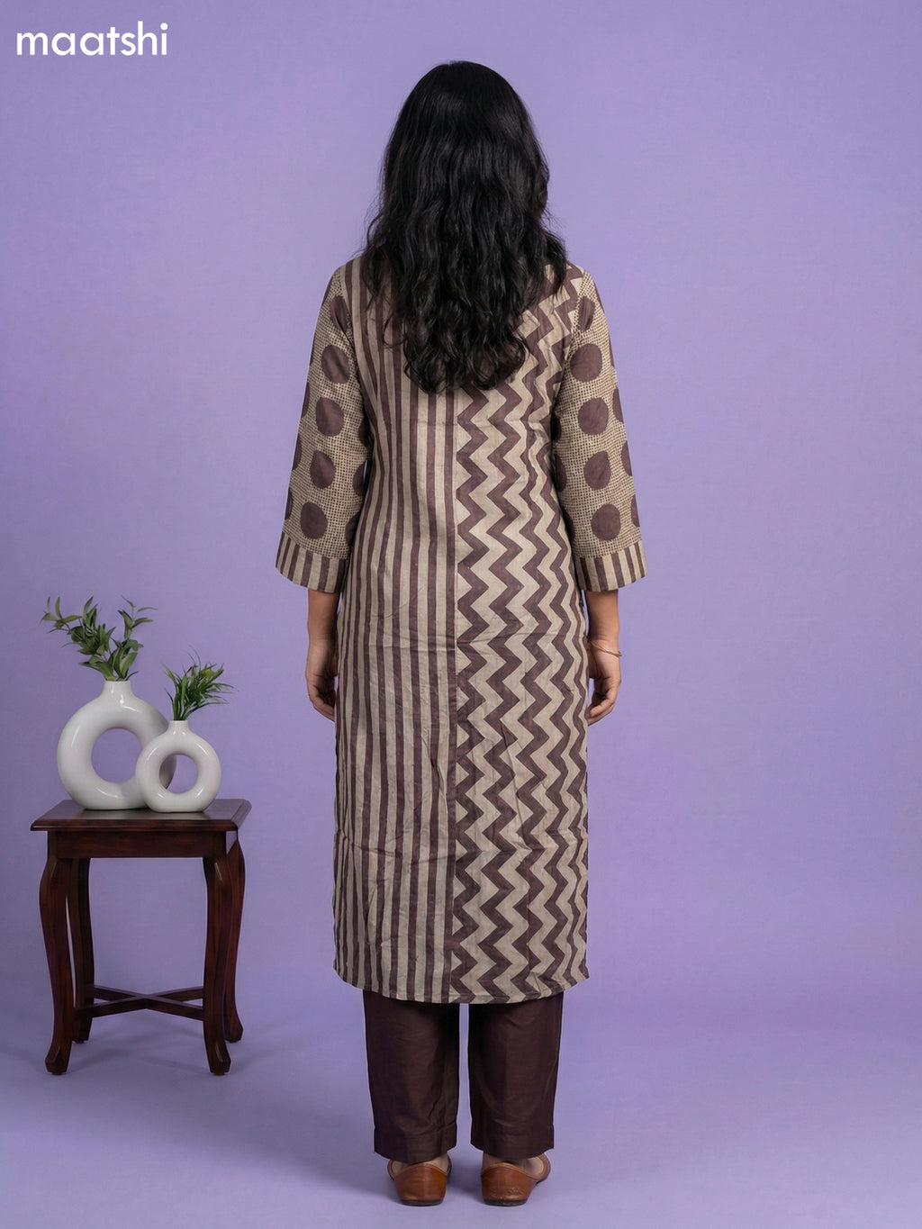 Beige and Brown Muslin Printed Kurti Set