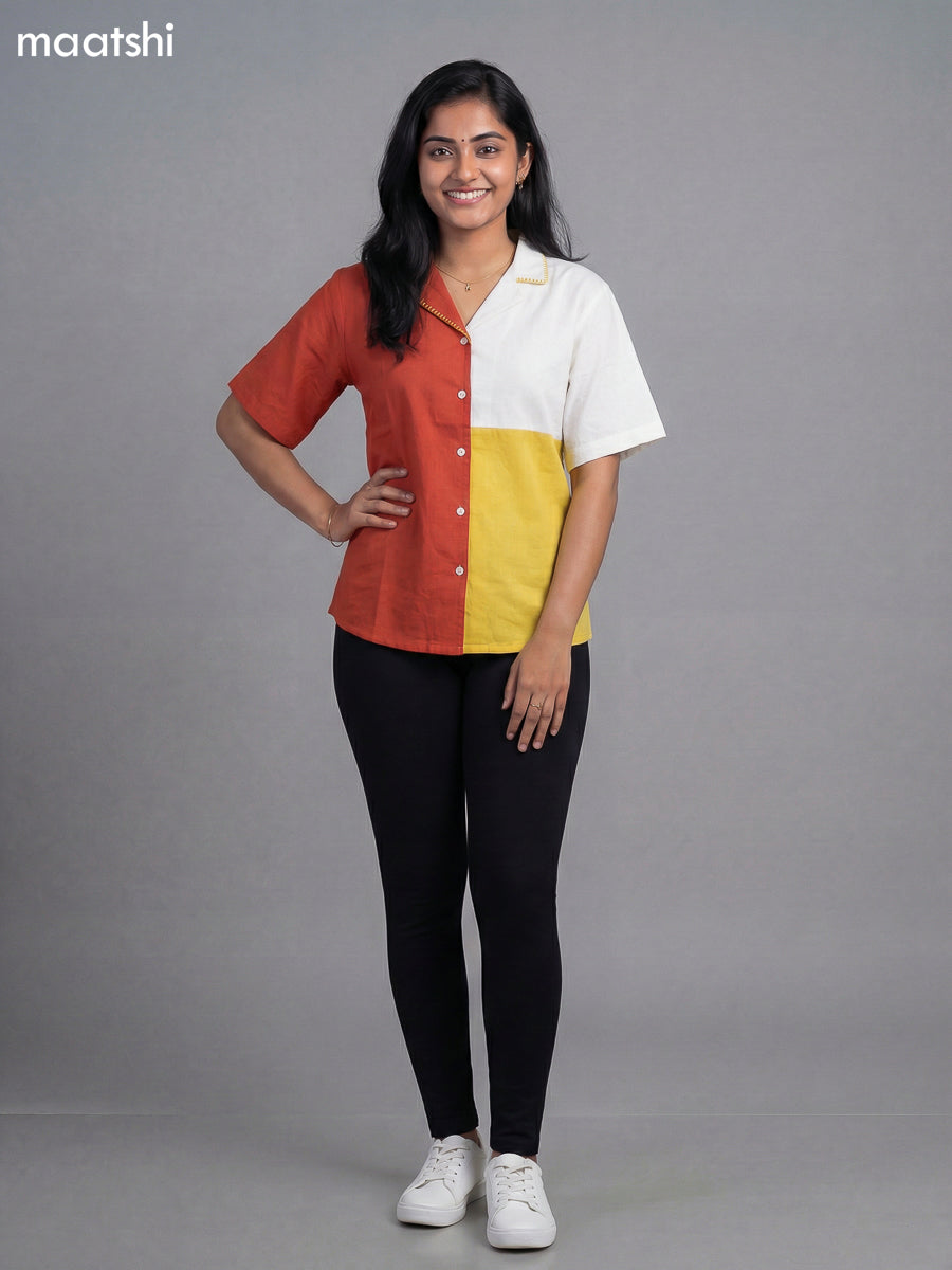 Off White and Rust Mustard Cotton Collar Neck Pattern Women Shirt