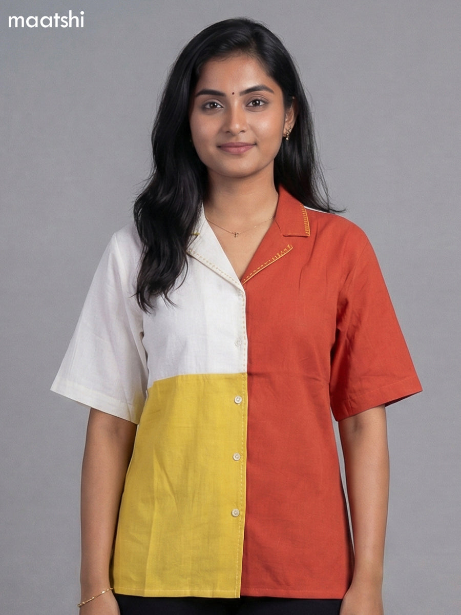 Off White and Rust Mustard Cotton Collar Neck Pattern Women Shirt