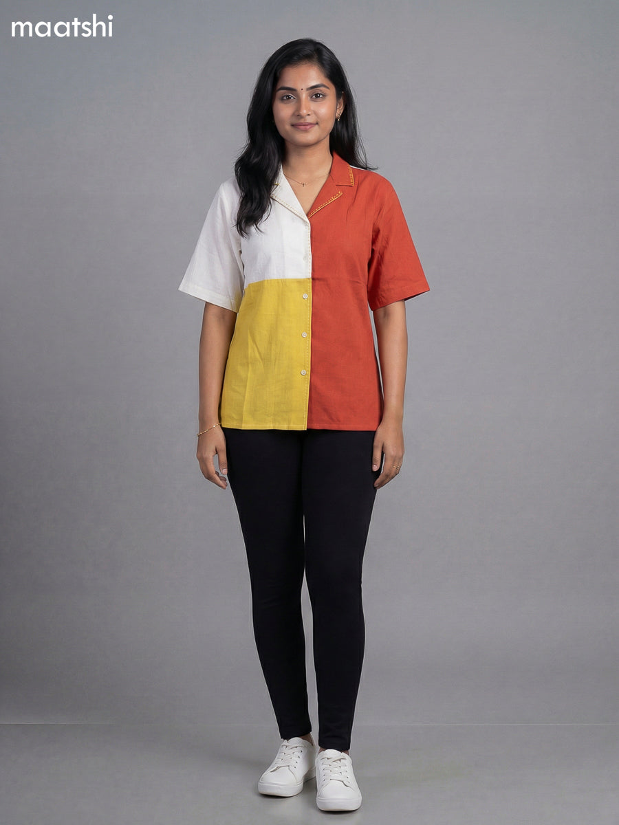 Off White and Rust Mustard Cotton Collar Neck Pattern Women Shirt