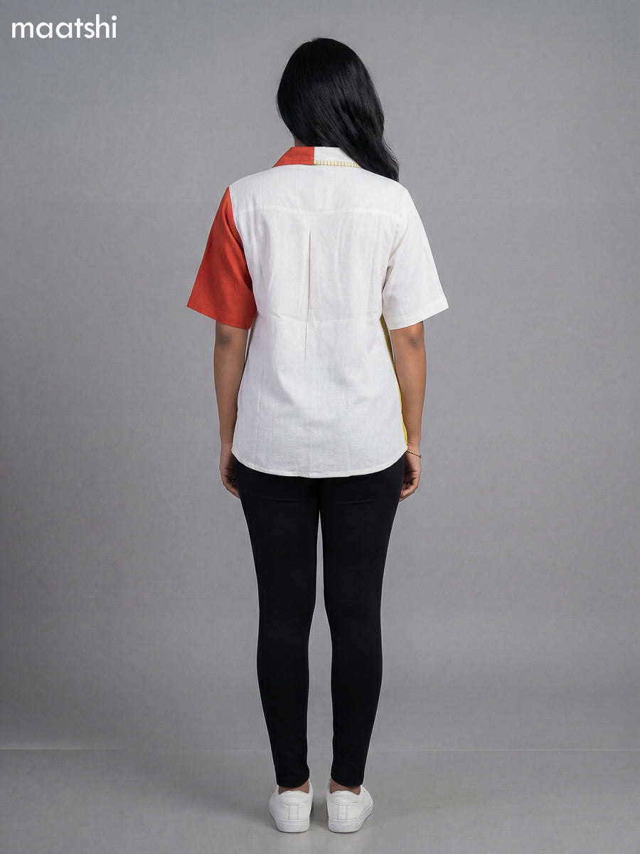 Off White and Rust Mustard Cotton Collar Neck Pattern Women Shirt