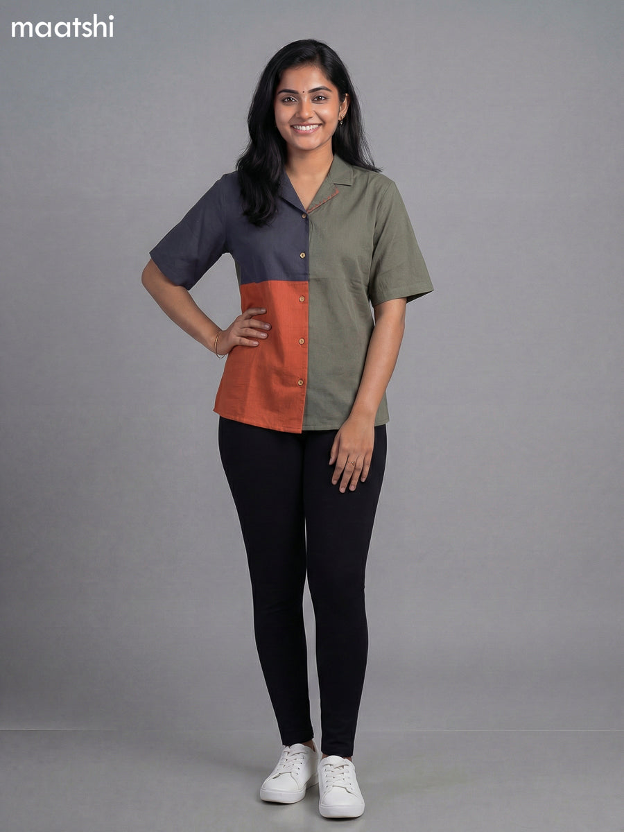 Grey and Rust Cotton Collar Neck Pattern Women Shirt