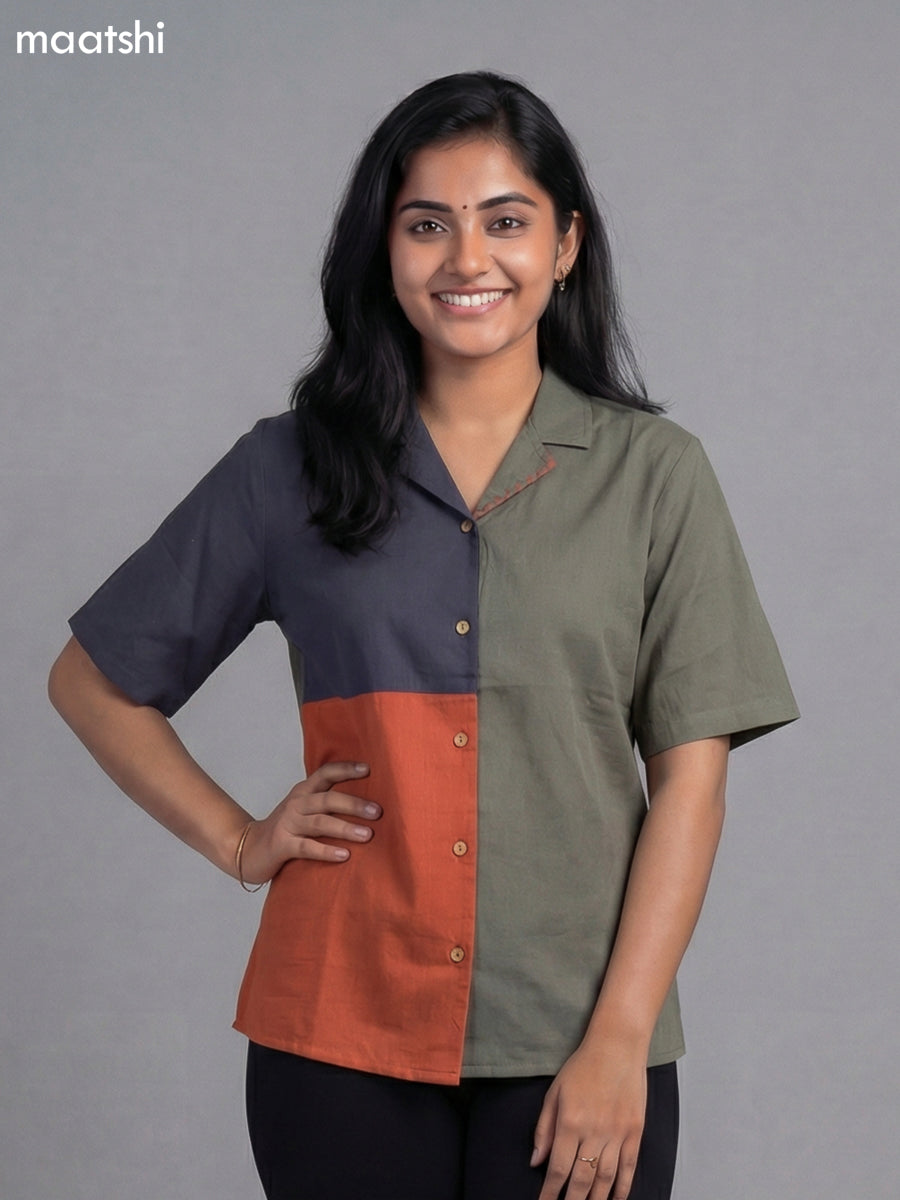 Grey and Rust Cotton Collar Neck Pattern Women Shirt