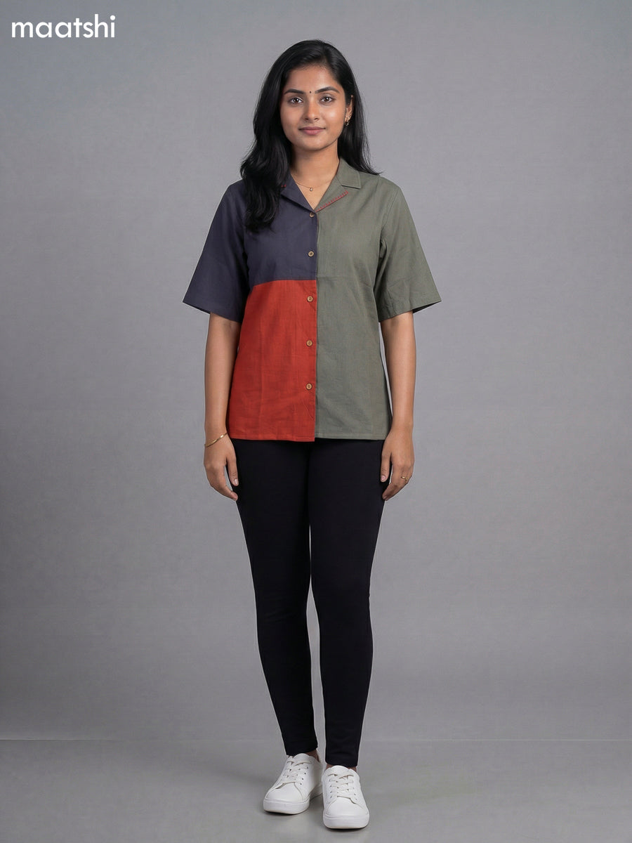 Grey and Rust Cotton Collar Neck Pattern Women Shirt