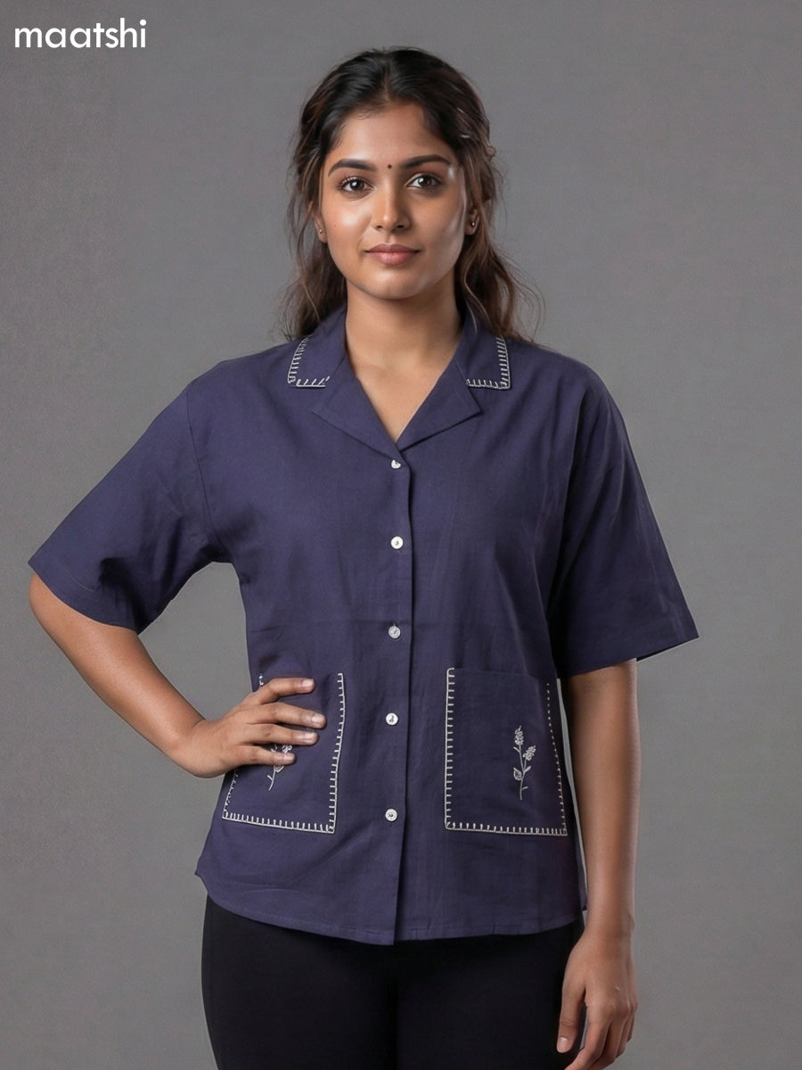 Navy Blue Cotton Embroidered Women Shirt