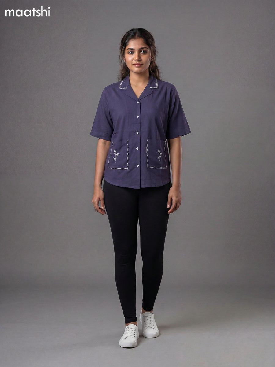 Navy Blue Cotton Embroidered Women Shirt