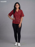 Maroon Cotton Embroidered Women Shirt