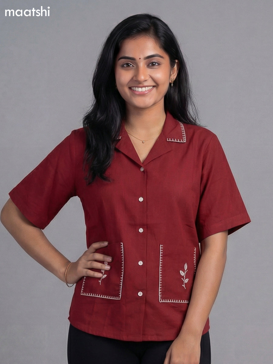 Maroon Cotton Embroidered Women Shirt