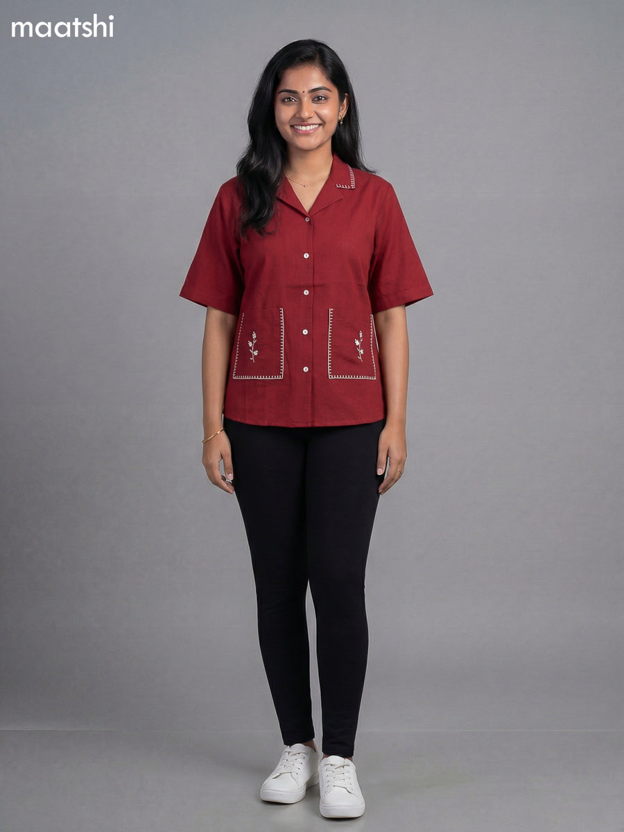 Maroon Cotton Embroidered Women Shirt