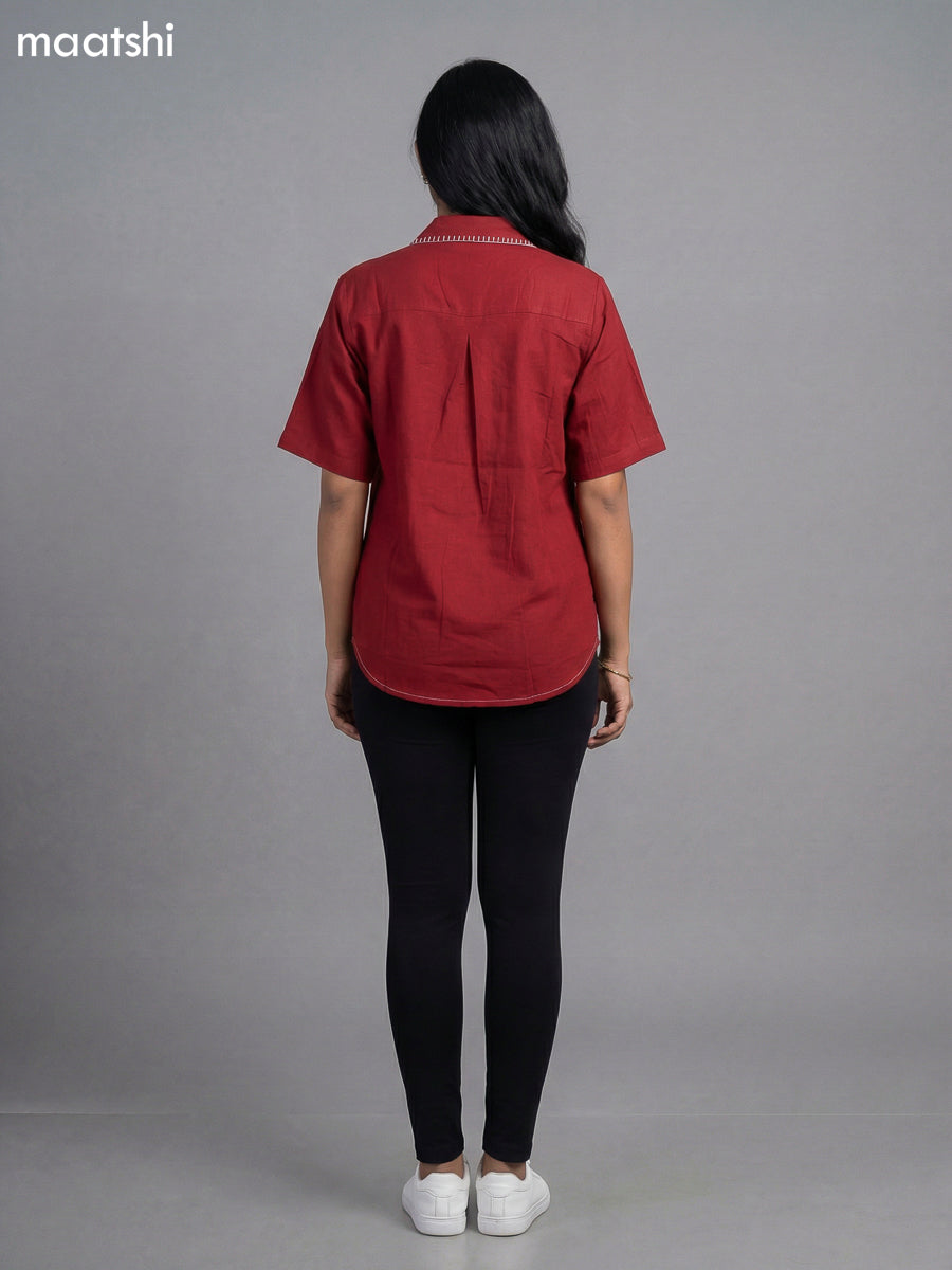 Maroon Cotton Embroidered Women Shirt