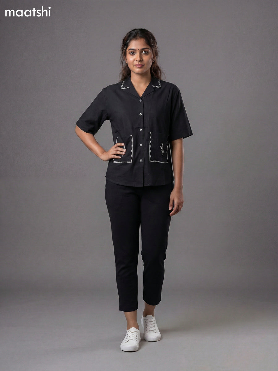 Black Cotton Embroidered Women Shirt