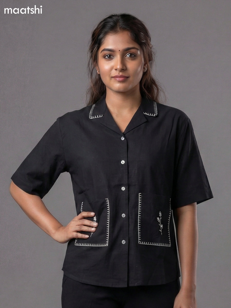 Black Cotton Embroidered Women Shirt