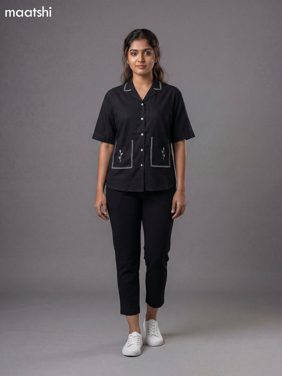 Black Cotton Embroidered Women Shirt