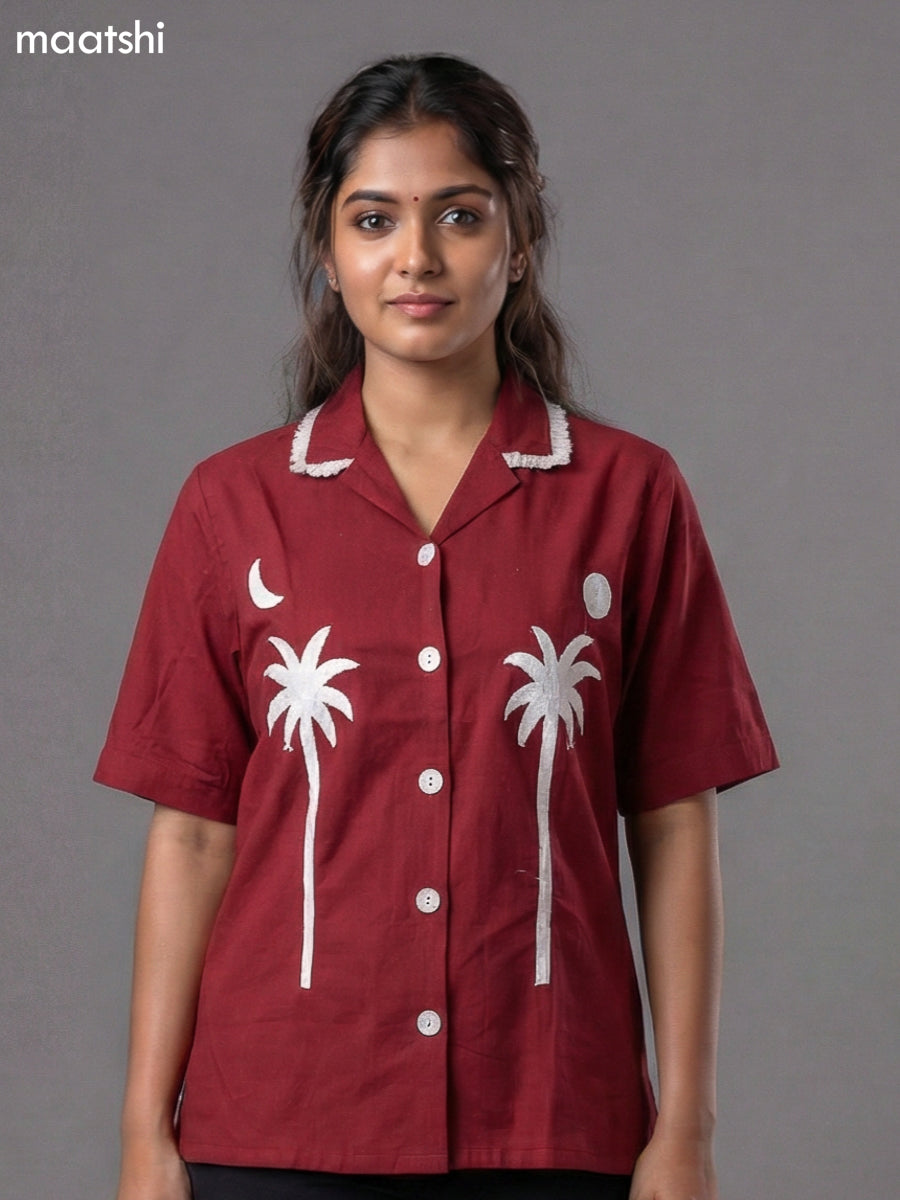 Maroon Cotton Embroidered Women Shirt