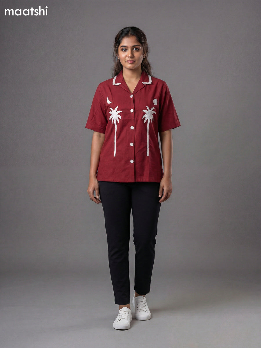 Maroon Cotton Embroidered Women Shirt