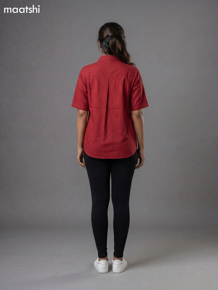 Maroon Cotton Embroidered Women Shirt