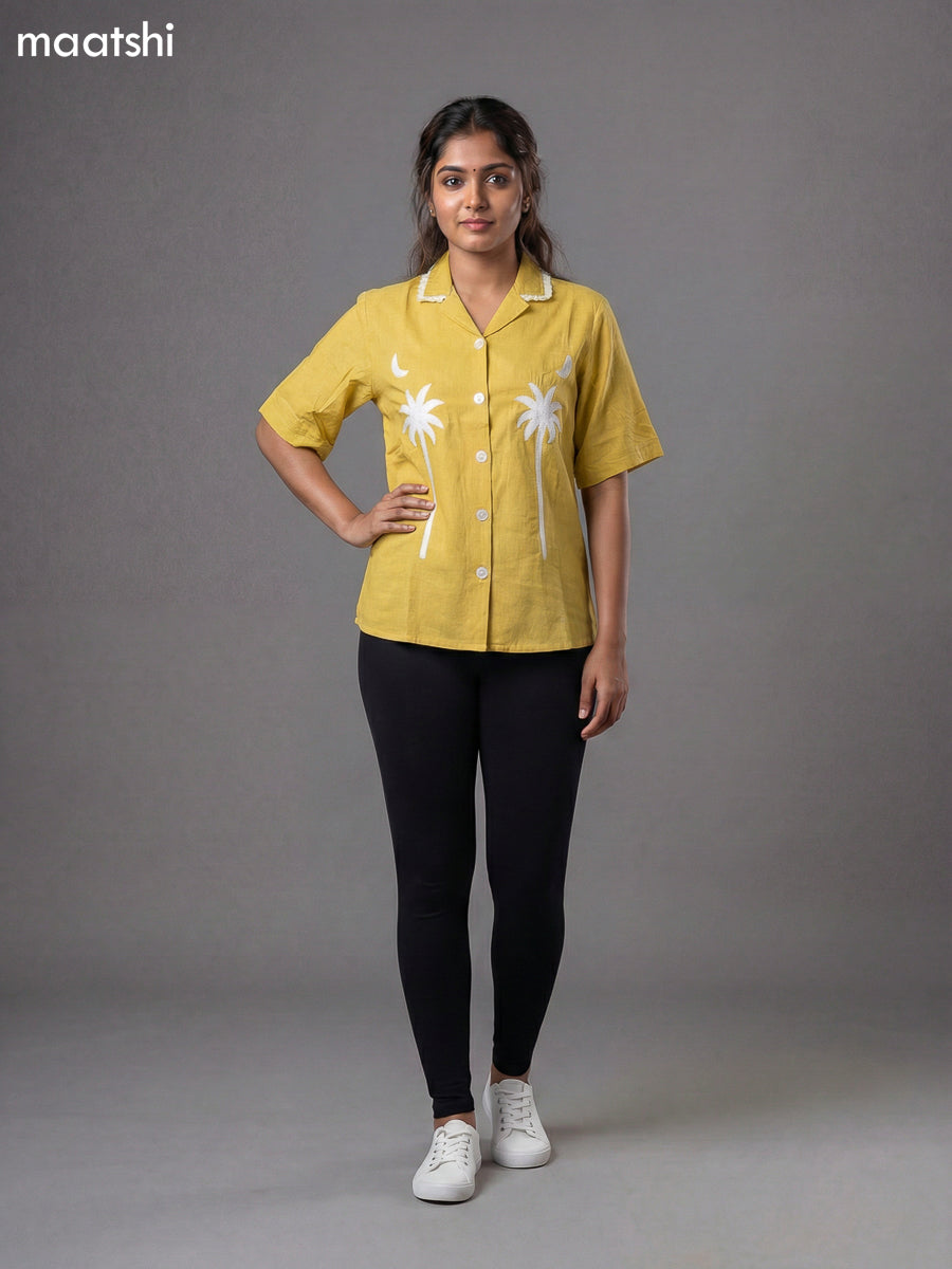 Pale Yellow Cotton Embroidered Women Shirt
