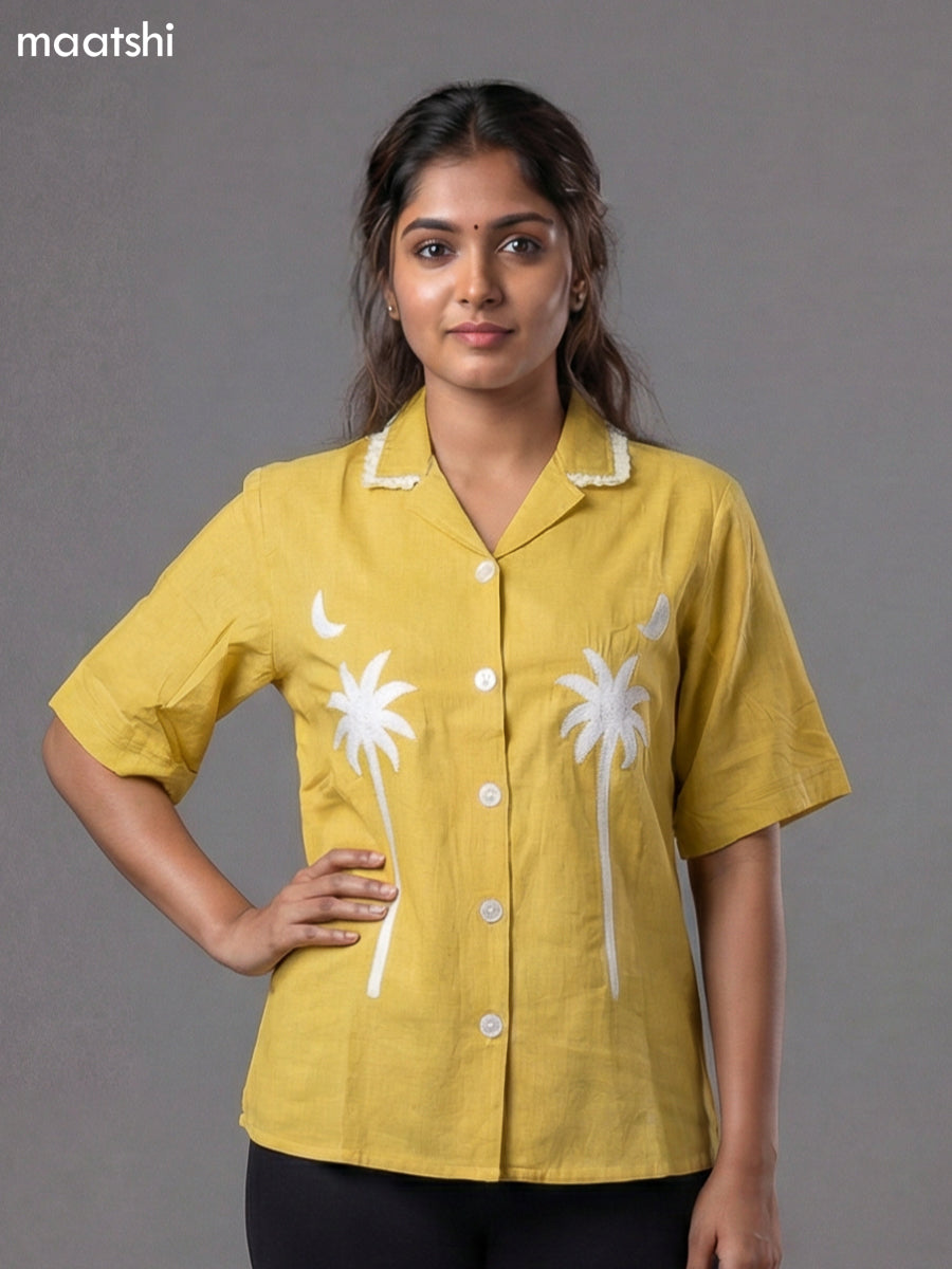 Pale Yellow Cotton Embroidered Women Shirt