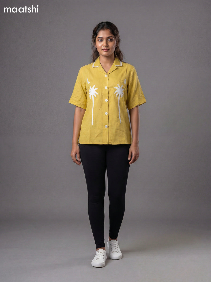 Pale Yellow Cotton Embroidered Women Shirt