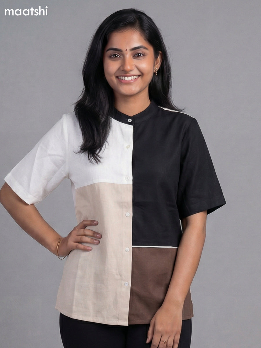 Off White and Black Brown Cotton Chinese Neck Pattern Women Shirt