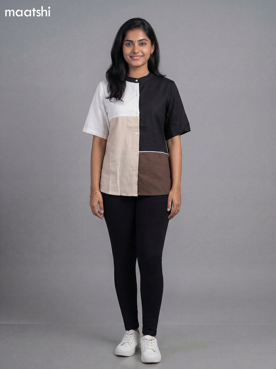 Off White and Black Brown Cotton Chinese Neck Pattern Women Shirt