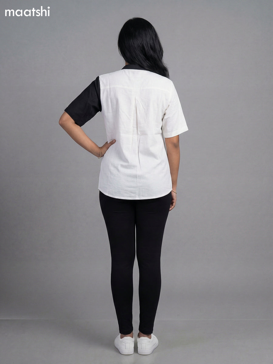 Off White and Black Brown Cotton Chinese Neck Pattern Women Shirt