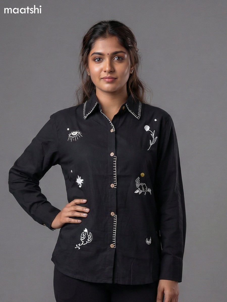 Black Cotton Embroidered Women Shirt