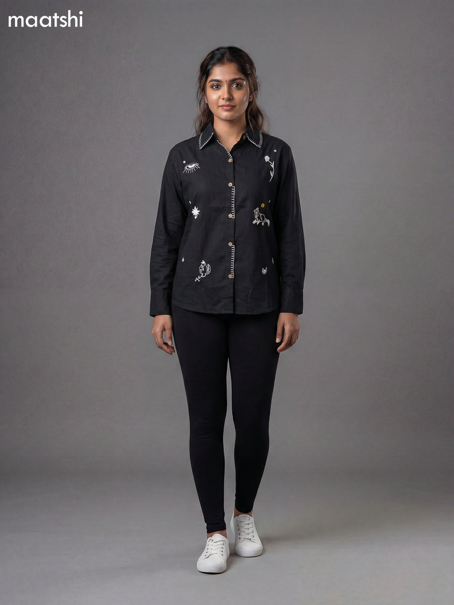 Black Cotton Embroidered Women Shirt