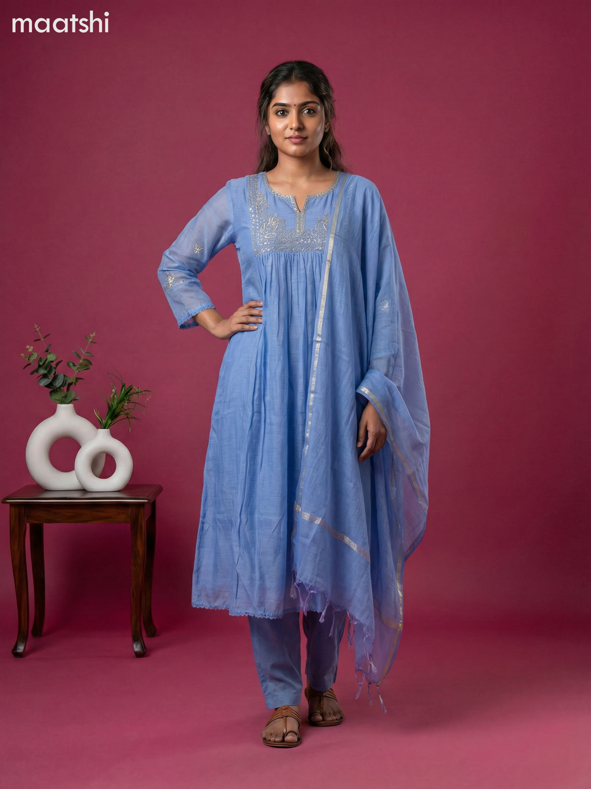Pastel Blue Mul Chanderi Embroidery Work Anarkali Suit