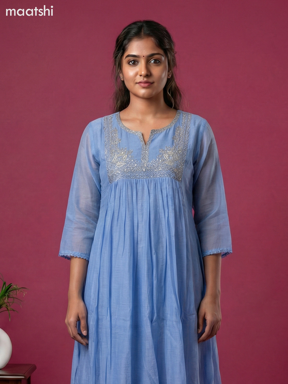 Pastel Blue Mul Chanderi Embroidery Work Anarkali Suit