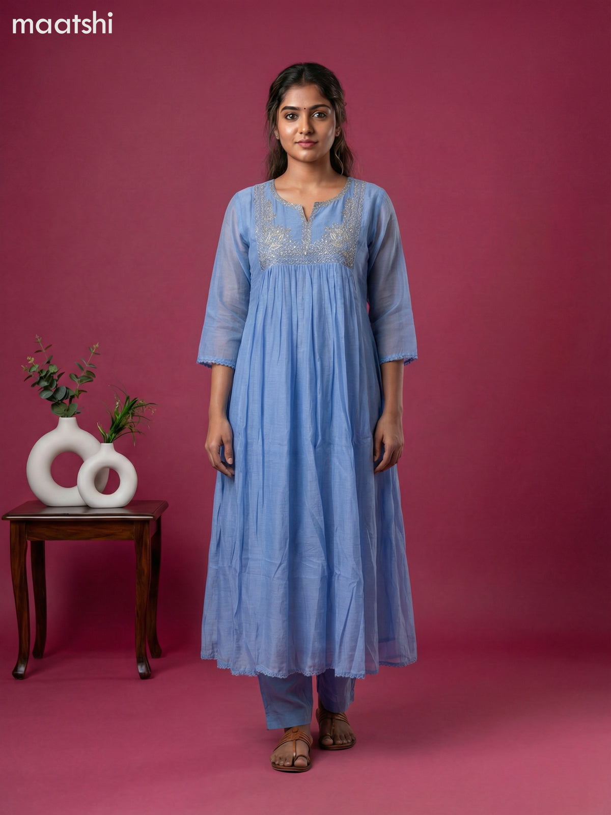 Pastel Blue Mul Chanderi Embroidery Work Anarkali Suit