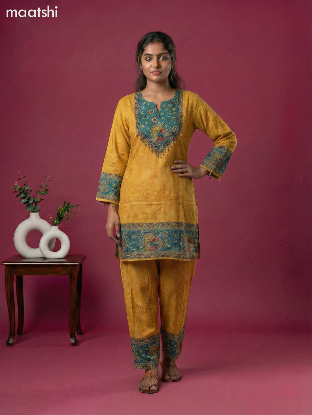 Mustard Yellow and Teal Green Muslin Kalamkari Printed Co-Ord Set