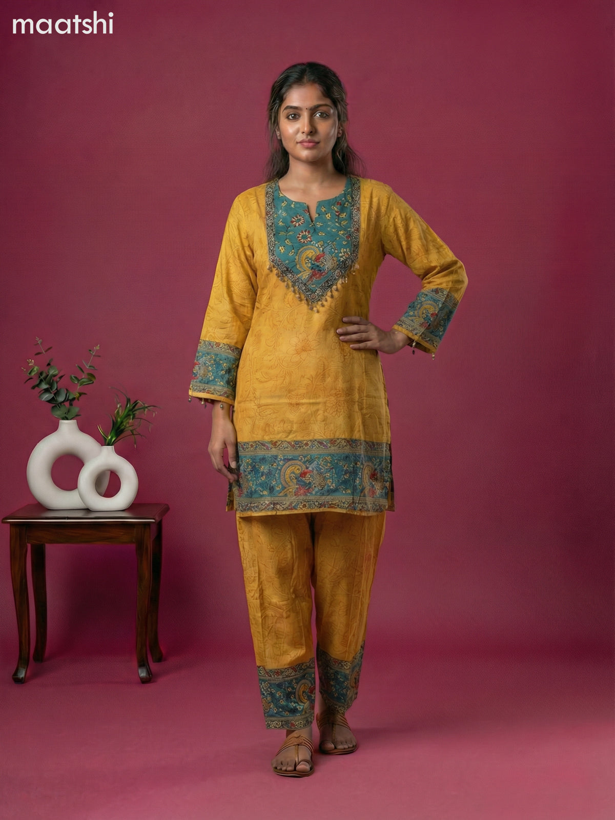 Mustard Yellow and Teal Green Muslin Kalamkari Printed Co-Ord Set