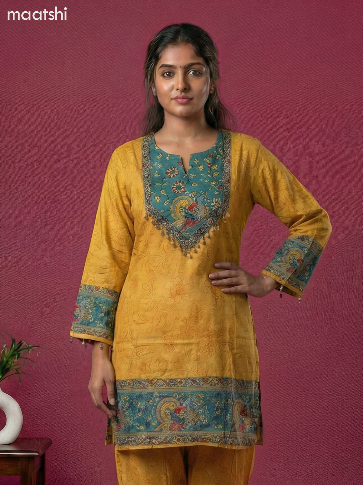 Mustard Yellow and Teal Green Muslin Kalamkari Printed Co-Ord Set