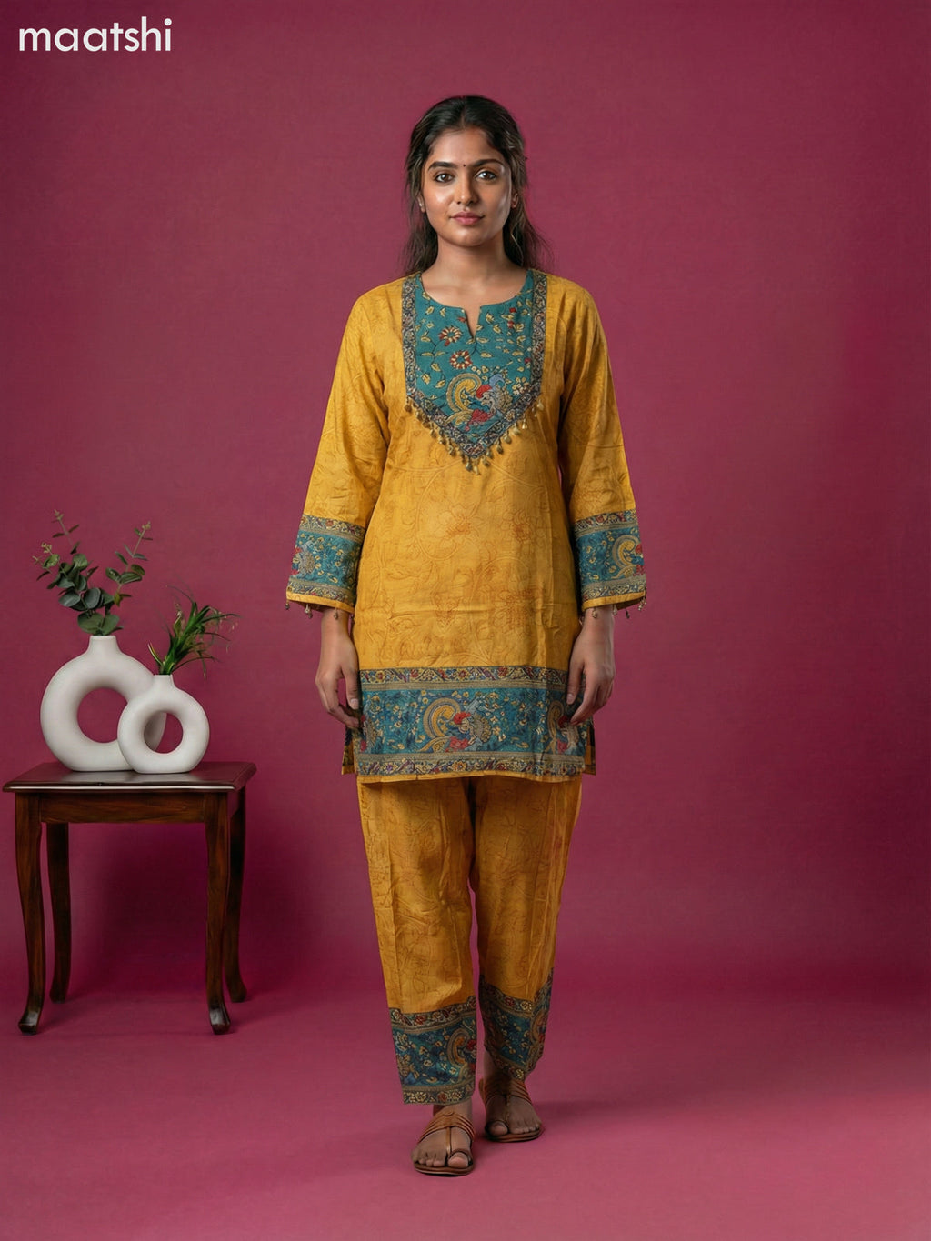 Mustard Yellow and Teal Green Muslin Kalamkari Printed Co-Ord Set
