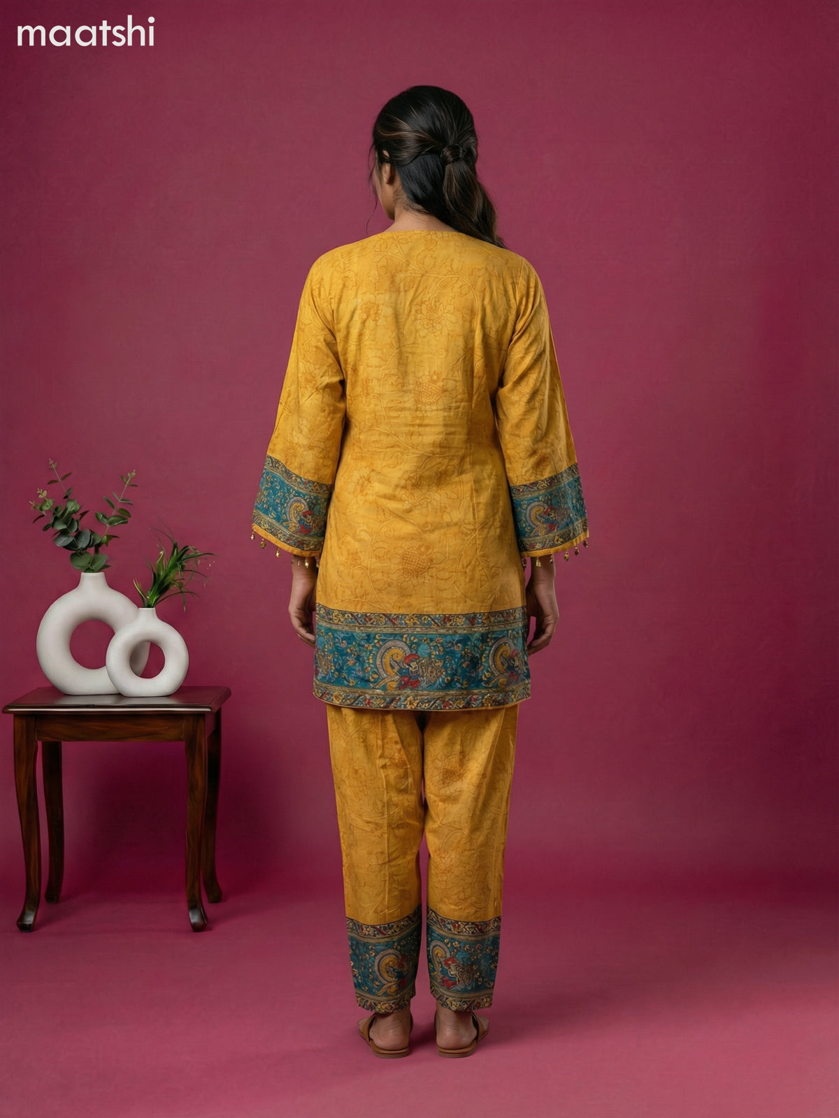 Mustard Yellow and Teal Green Muslin Kalamkari Printed Co-Ord Set
