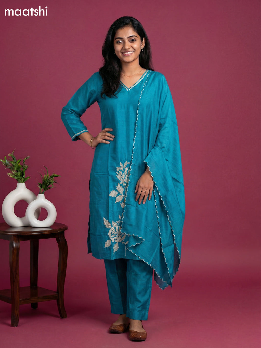Teal Blue Mul Chanderi Patch Embroidery Work Straight Suit