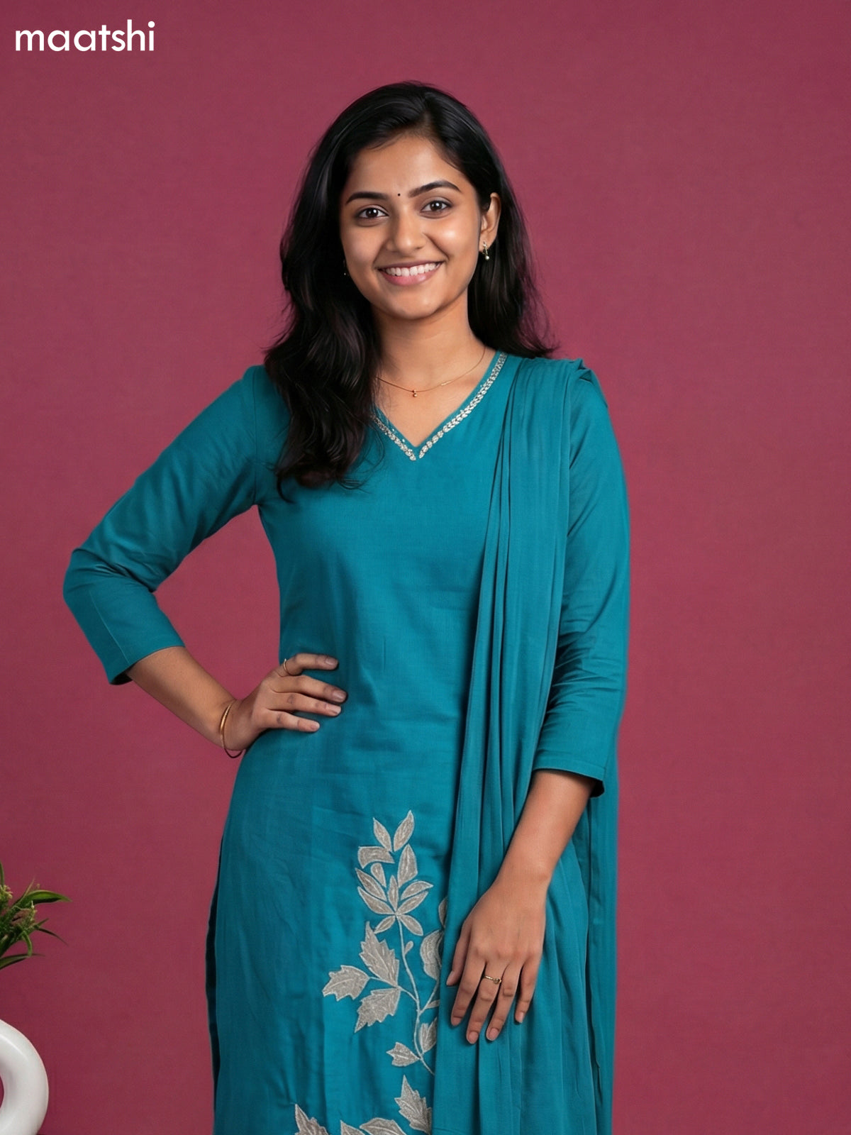 Teal Blue Mul Chanderi Patch Embroidery Work Straight Suit