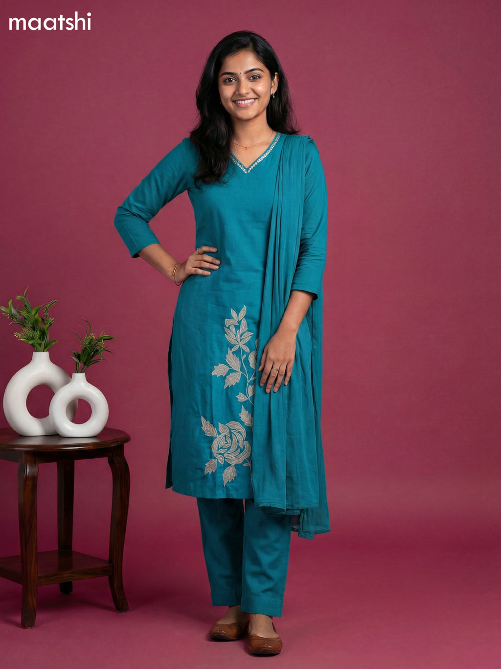 Teal Blue Mul Chanderi Patch Embroidery Work Straight Suit