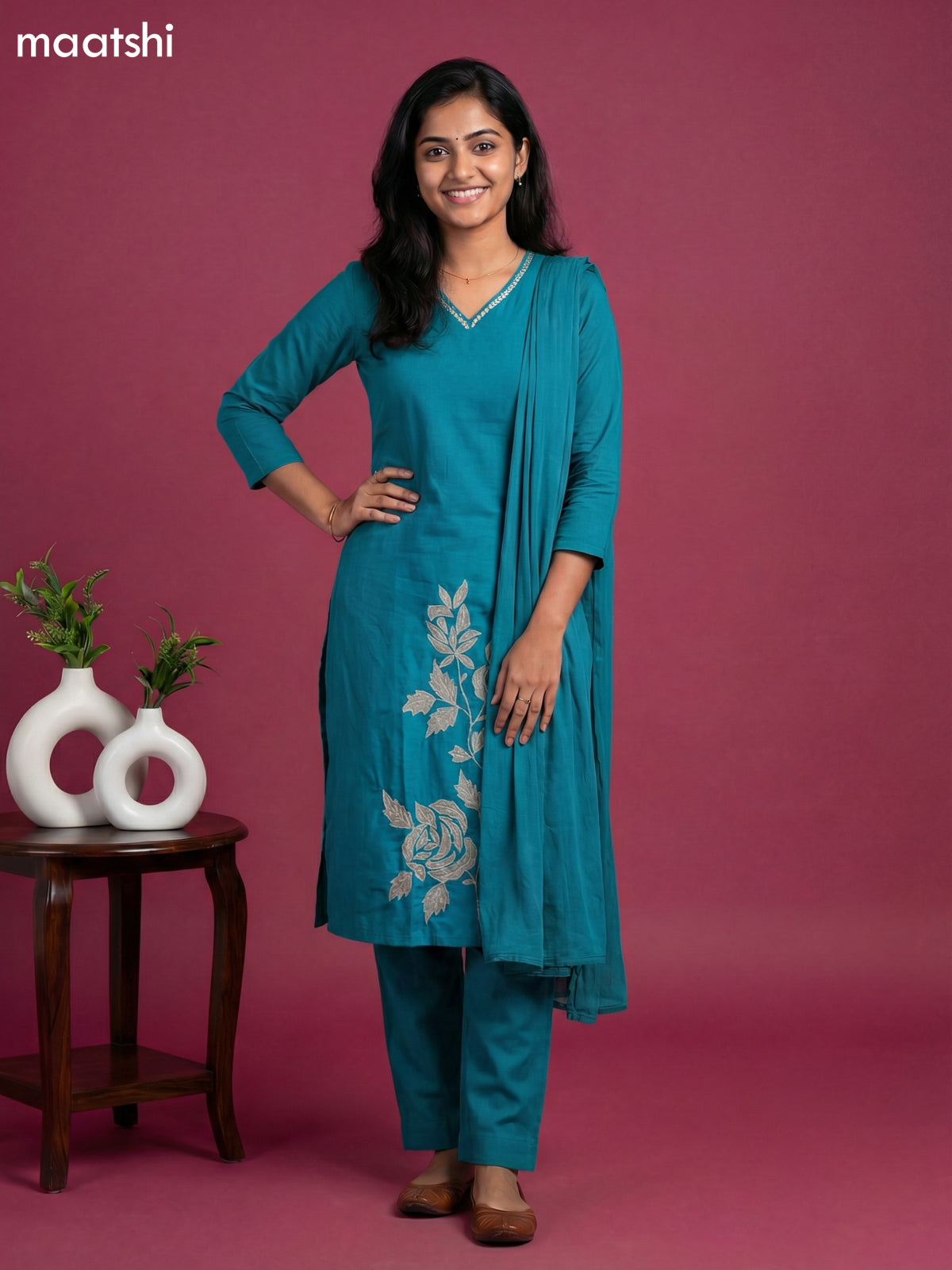 Teal Blue Mul Chanderi Patch Embroidery Work Straight Suit