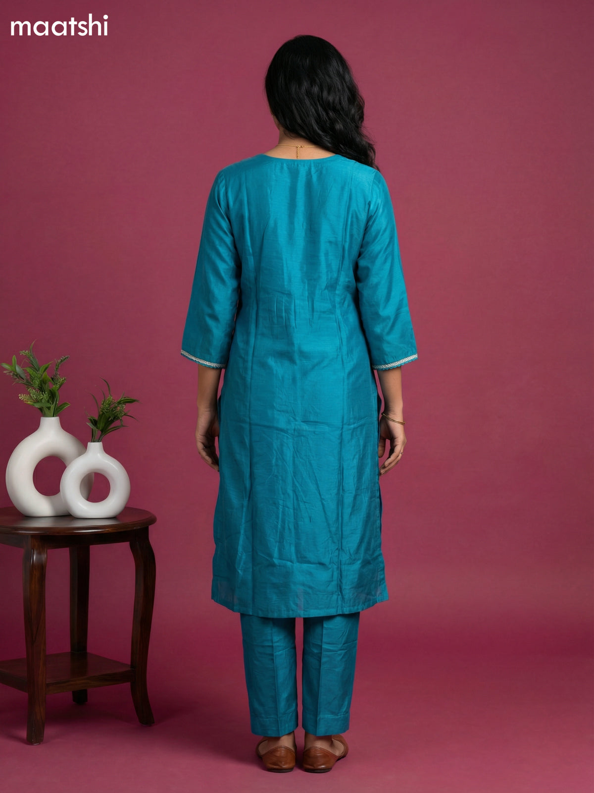 Teal Blue Mul Chanderi Patch Embroidery Work Straight Suit