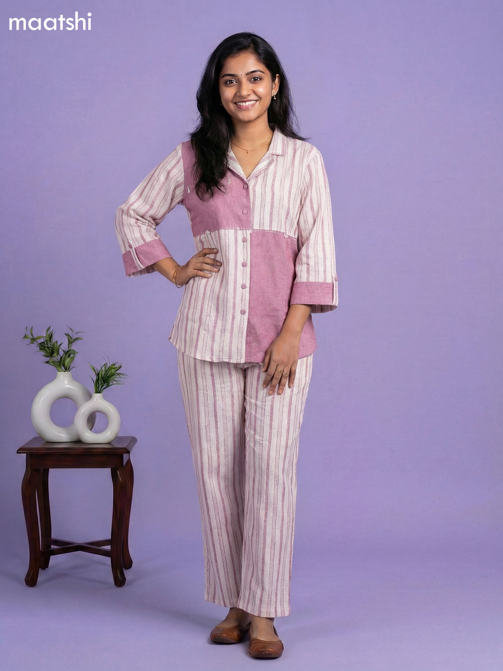 Mauve Pink and Off White Cotton Over Size Short Co-Ord Set