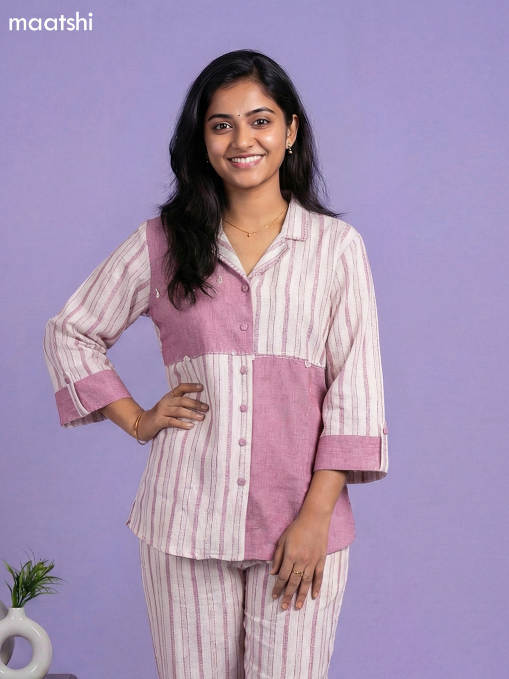 Mauve Pink and Off White Cotton Over Size Short Co-Ord Set