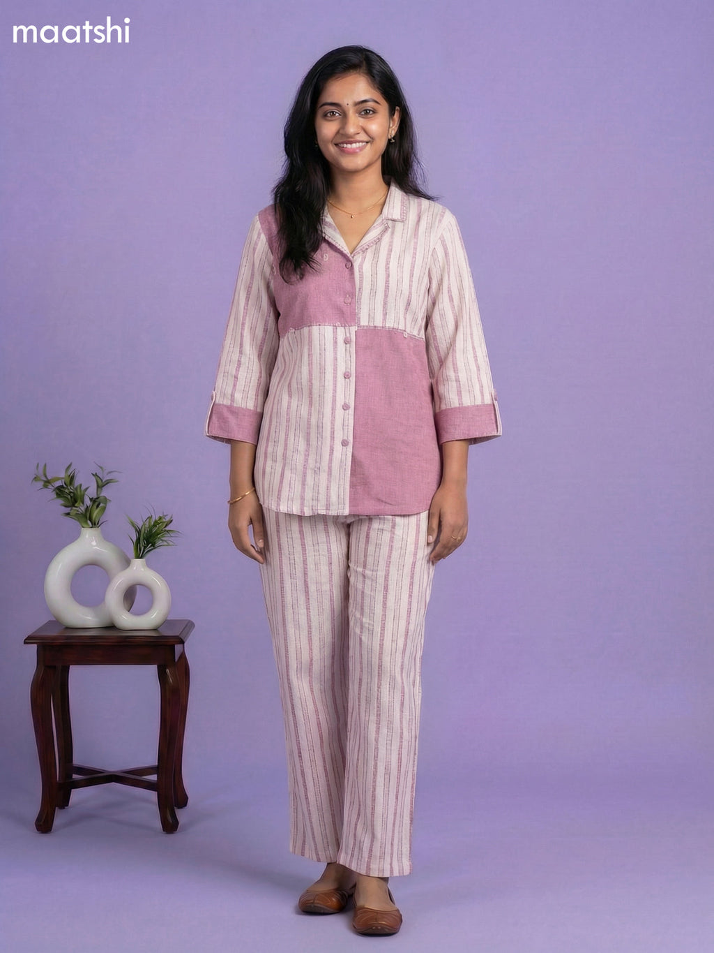 Mauve Pink and Off White Cotton Over Size Short Co-Ord Set