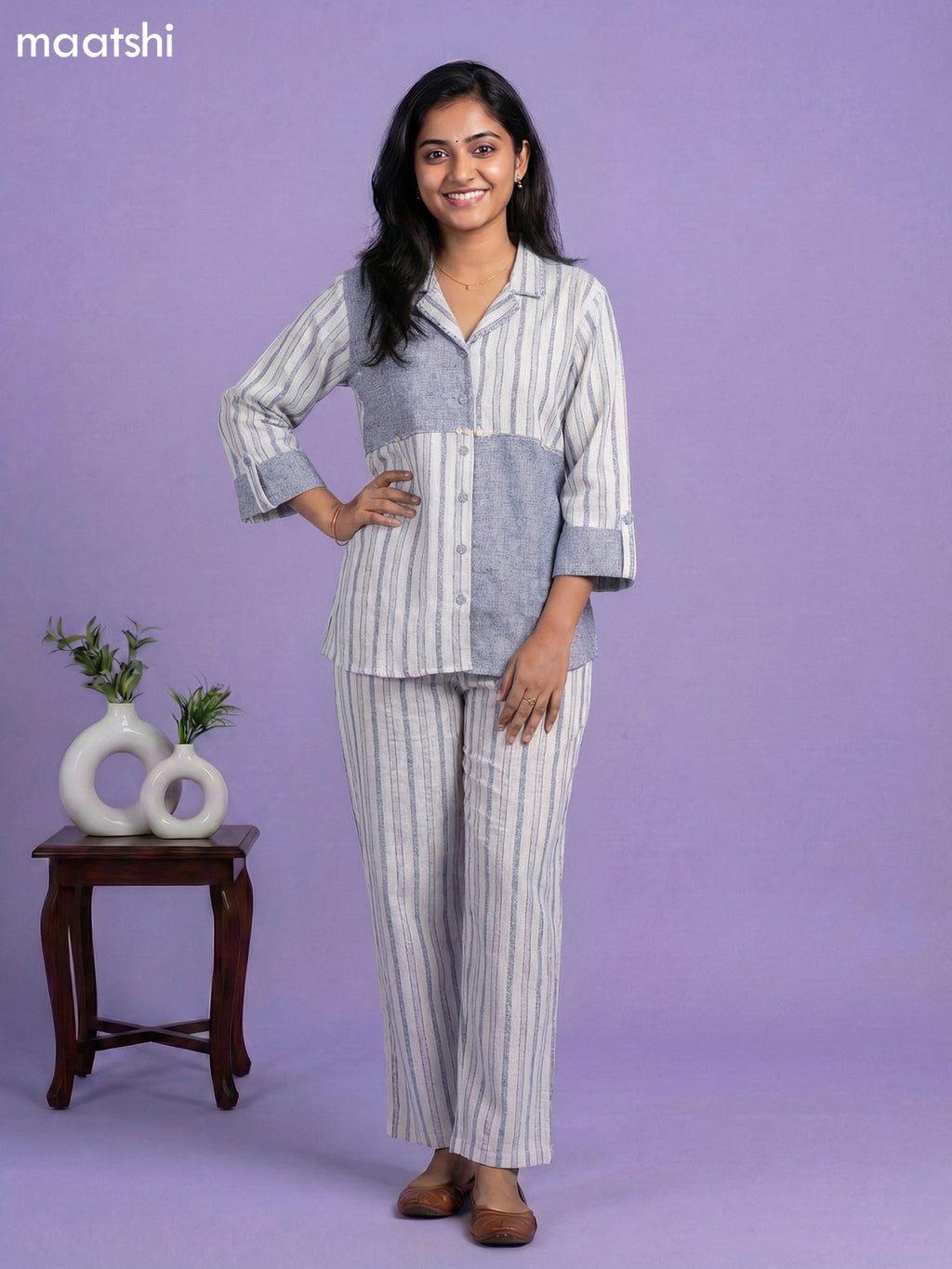 Blue and Off White Cotton Over Size Short Co-Ord Set