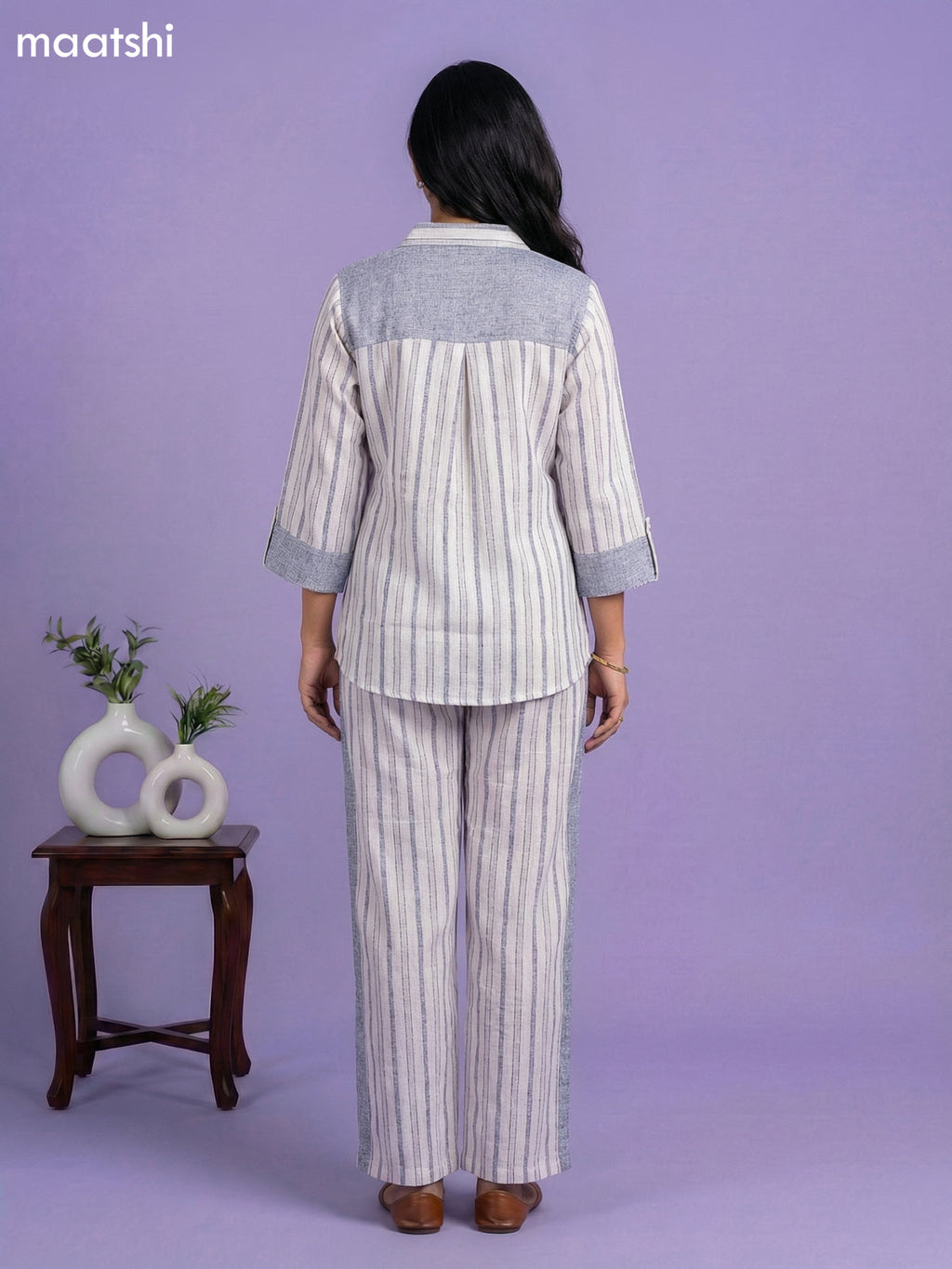 Blue and Off White Cotton Over Size Short Co-Ord Set