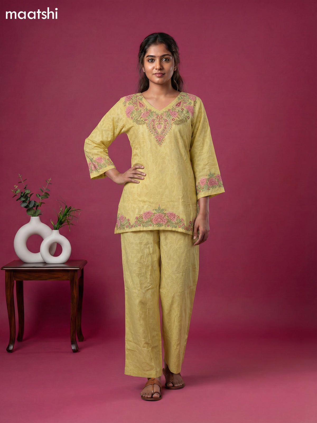 Pale Yellow Cotton Embroidery Work Short Kurti Set